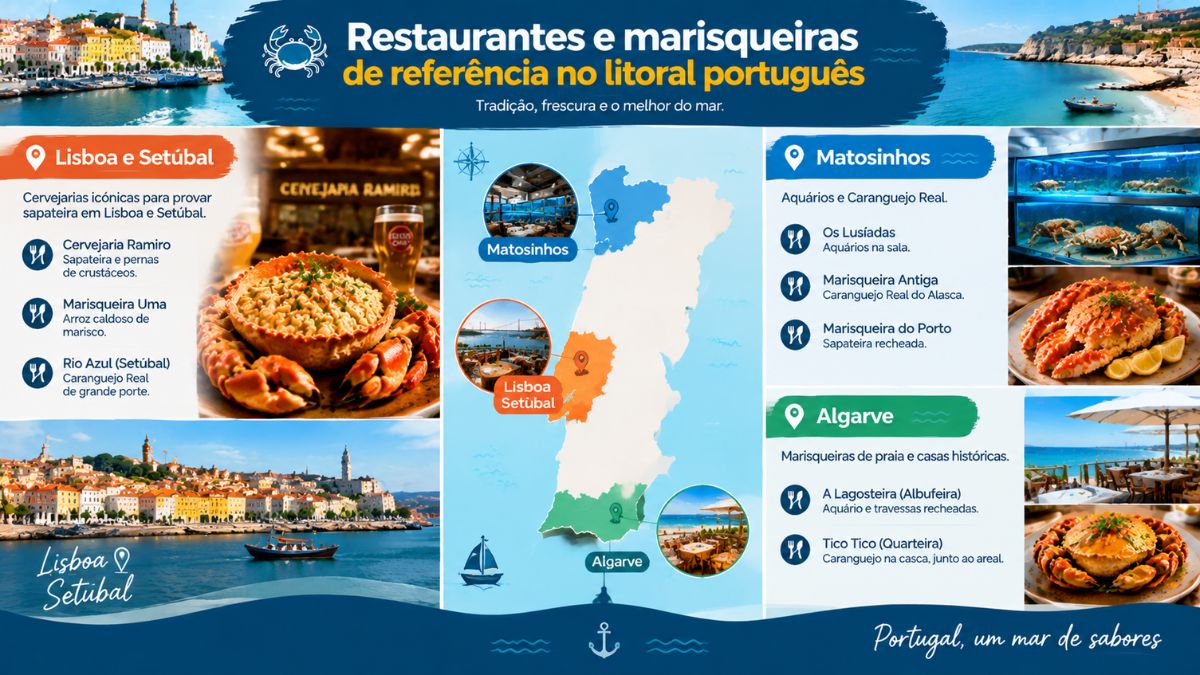 Infográfico ilustrativo com os principais restaurantes e marisqueiras em Lisboa, Setúbal, Matosinhos e Algarve especializados em servir caranguejo e marisco.