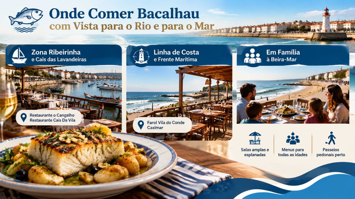 Infográfico com opções de restaurantes para comer bacalhau em Vila do Conde com vista panorâmica para o rio Ave e o mar.