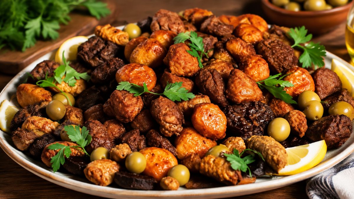 Prato de rojões à minhota com carne de porco dourada, batatas, azeitonas e salsa fresca, uma receita tradicional portuguesa.