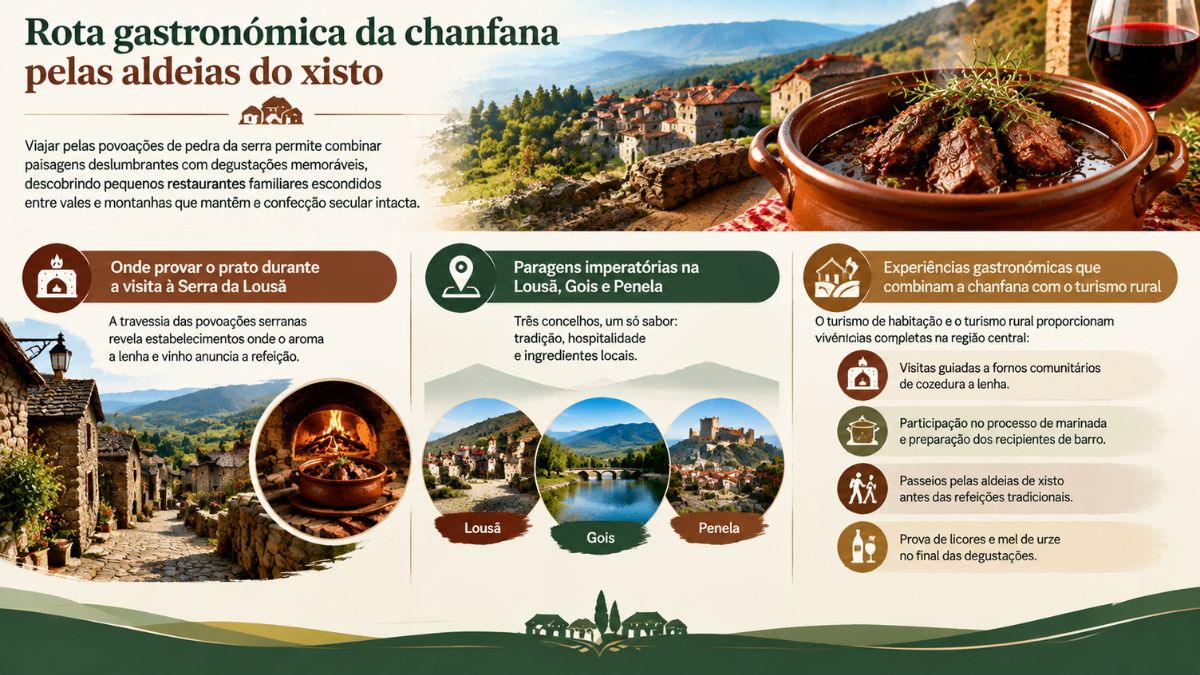 Infográfico sobre a rota gastronómica da chanfana pelas aldeias do xisto mostrando paragens na Lousã, Góis e Penela com experiências de turismo rural.