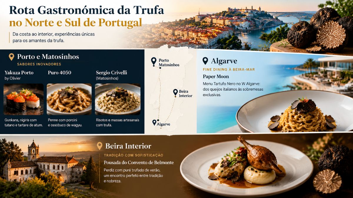 Infográfico com o título Rota Gastronómica da Trufa no Norte e Sul de Portugal mostrando um mapa do país e pratos dos restaurantes no Porto, Matosinhos, Algarve e Beira Interior.