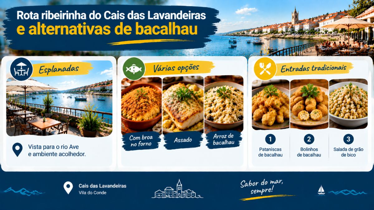 Infografia gastronómica sobre a rota ribeirinha no Cais das Lavandeiras com esplanadas e alternativas de bacalhau em Vila do Conde.