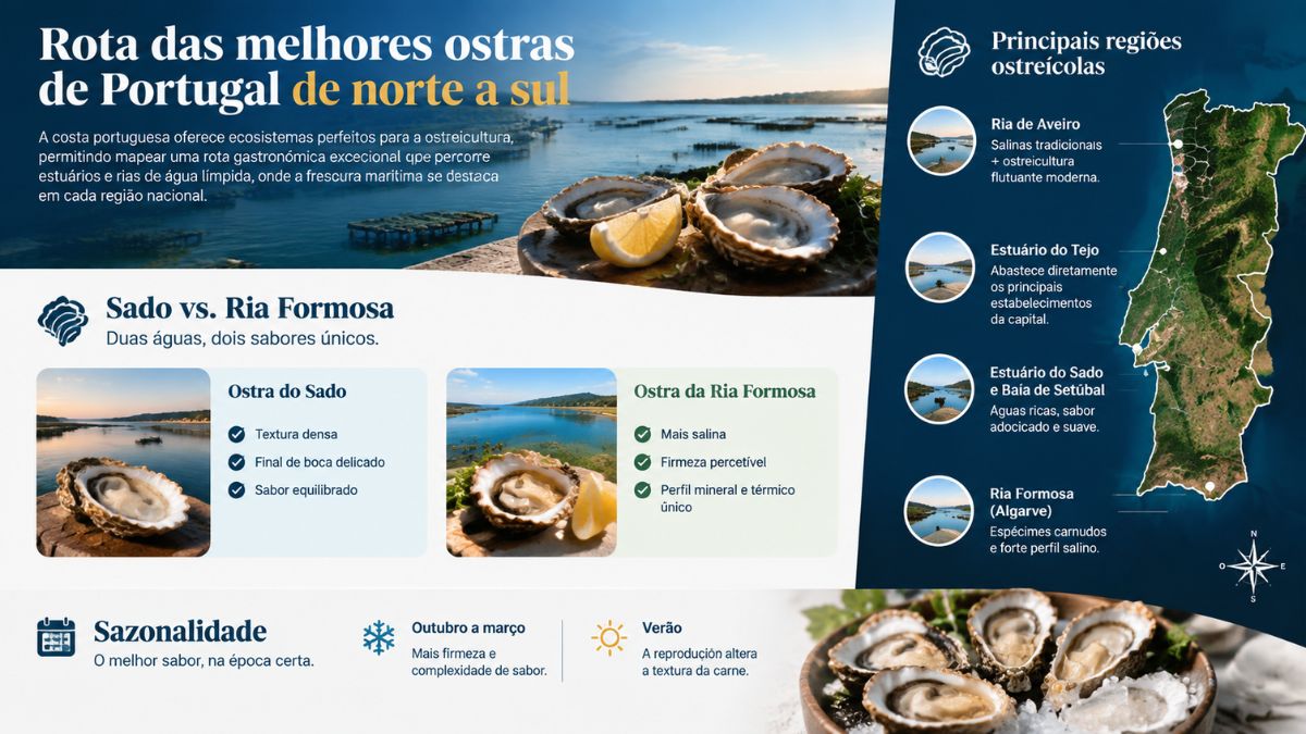 Infográfico informativo sobre a rota das melhores ostras de Portugal, comparando bivalves do Sado e da Ria Formosa, destacando regiões ostreícolas num mapa costeiro e explicando a sazonalidade de apanha.