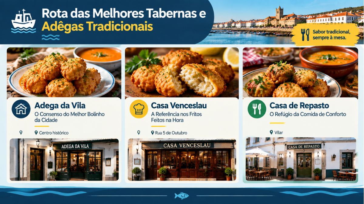 Infográfico com fotos de bolinhos de bacalhau e fachadas da Adega da Vila, Casa Venceslau e Casa de Repasto em Vila do Conde.