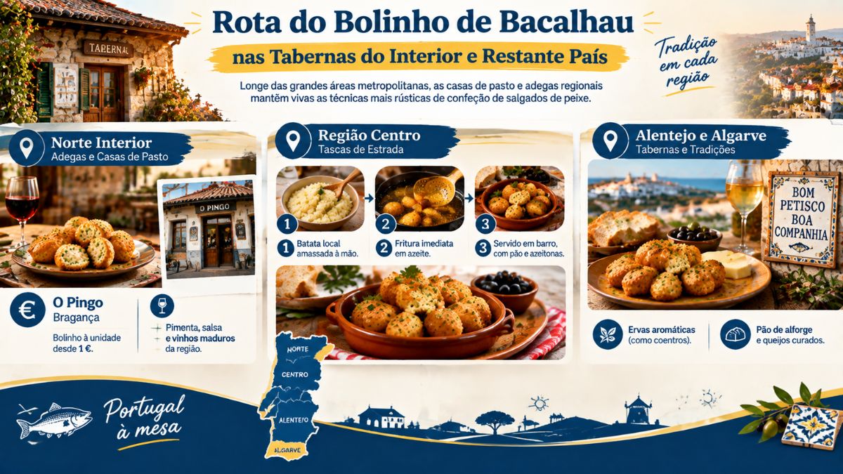 Infográfico com a rota do bolinho de bacalhau pelas tabernas tradicionais do Norte Interior, Região Centro, Alentejo e Algarve.