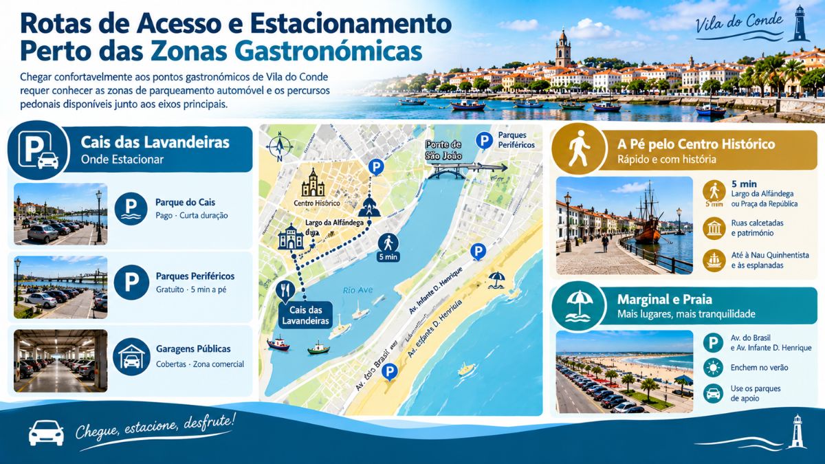 Infográfico com mapa de acessos, parques de estacionamento e percursos pedonais até aos restaurantes do Cais das Lavandeiras em Vila do Conde.