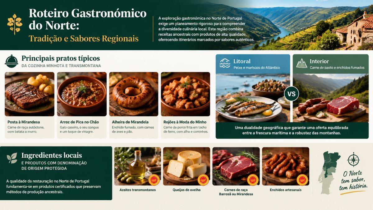 Infográfico do roteiro gastronómico do Norte de Portugal mostrando pratos típicos como posta à mirandesa, arroz de pica no chão, alheira de mirandela e rojões, além da comparação entre peixe do litoral e carne do interior, azeites, queijos e enchidos certificados.
