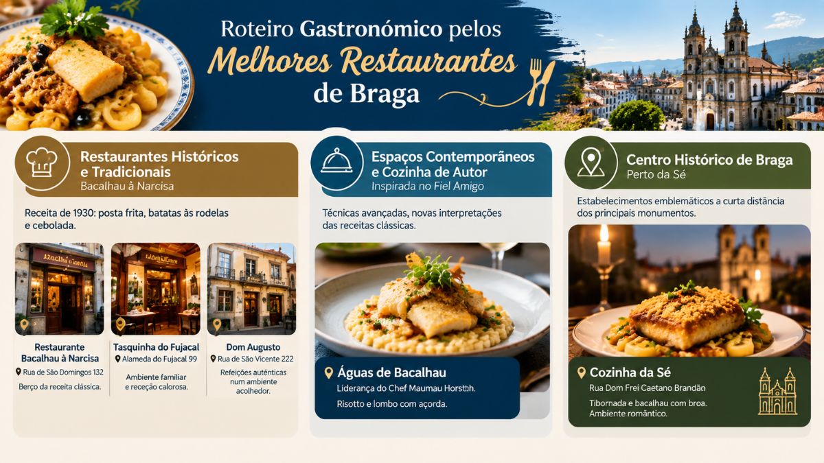 Infográfico do roteiro gastronómico pelos melhores restaurantes de bacalhau em Braga, destacando estabelecimentos tradicionais, modernos e no centro histórico.