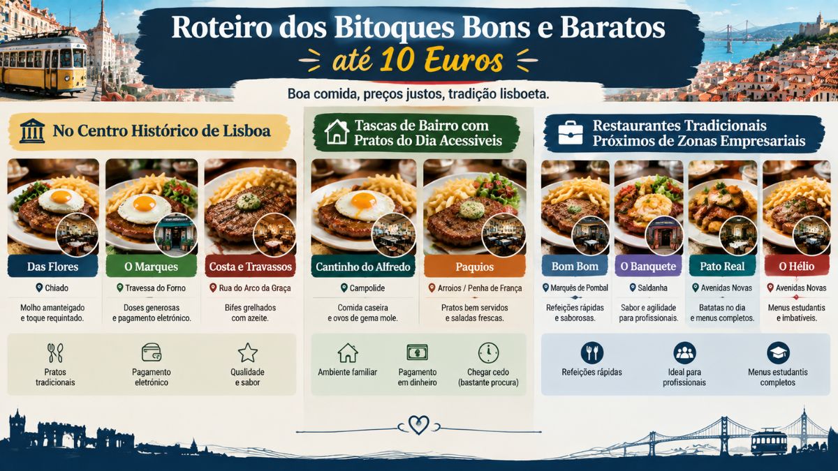 Infográfico do roteiro dos bitoques bons e baratos até 10 euros em Lisboa com sugestões no centro histórico, tascas de bairro e zonas empresariais.