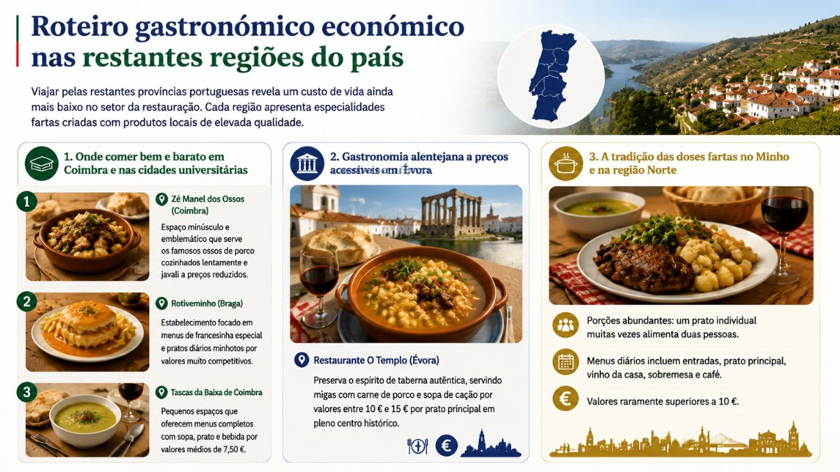 Infográfico sobre roteiro gastronómico económico nas restantes regiões de Portugal com destaques para Coimbra, Évora, Minho e região Norte.