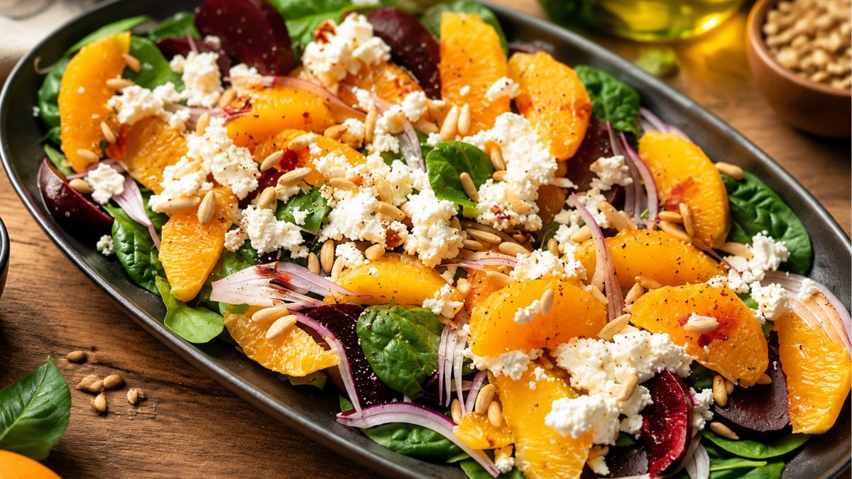 Foto aproximada de uma travessa de cerâmica escura servindo uma salada vibrante de beterraba cozida vermelha, gomos de laranja, espinafres frescos, cebola roxa fatiada, requeijão de cabra esfarelado e pinhões torrados dourados.