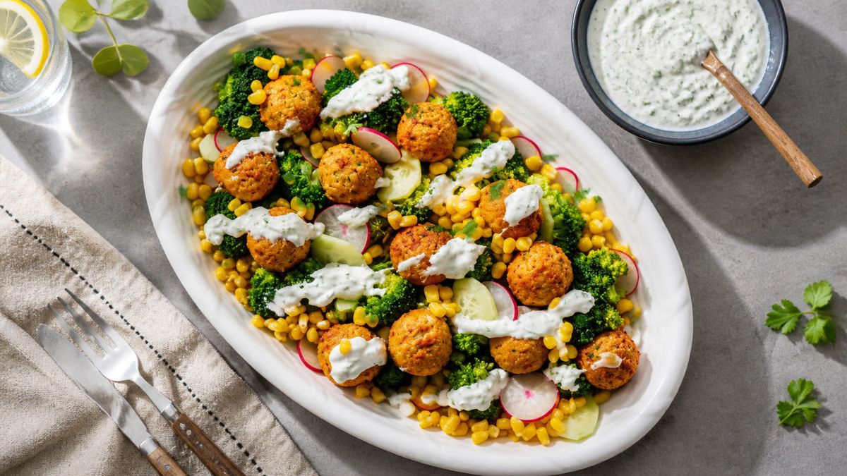 Uma travessa oval branca recheada com uma colorida salada de bolinhos de falafel dourados, brócolos verdes, milho amarelo brilhante, fatias finas de rabanete rosado e pepino fresco. A salada está regada com um molho cremoso de iogurte e ervas, polvilhada com coentros picados e servida sobre um pano de linho com talheres e um copo de água ao lado.