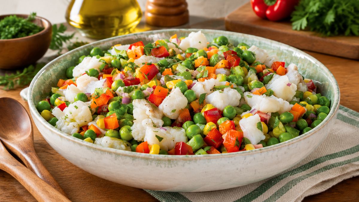 Uma taça de cerâmica rústica cheia de salada de bacalhau fresca e colorida. A salada contém cubos de bacalhau branco, ervilhas verdes vibrantes, cubos de pimento vermelho e laranja, milho doce e coentros picados. Duas colheres de pau estão ao lado da taça sobre uma toalha de linho e uma mesa de madeira.