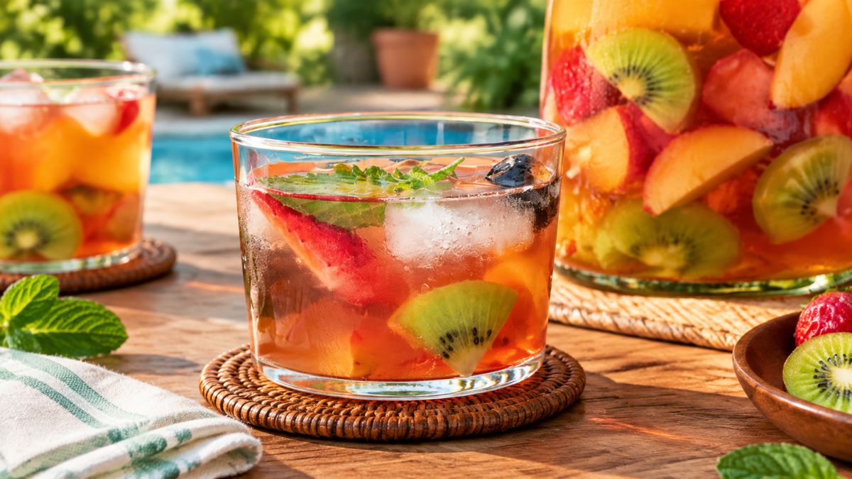 Copo de vidro com sangria de frutas branca gelada com pedaços de kiwi morango e uva preta com folha de hortelã e gelo sobre mesa de madeira ao ar livre.