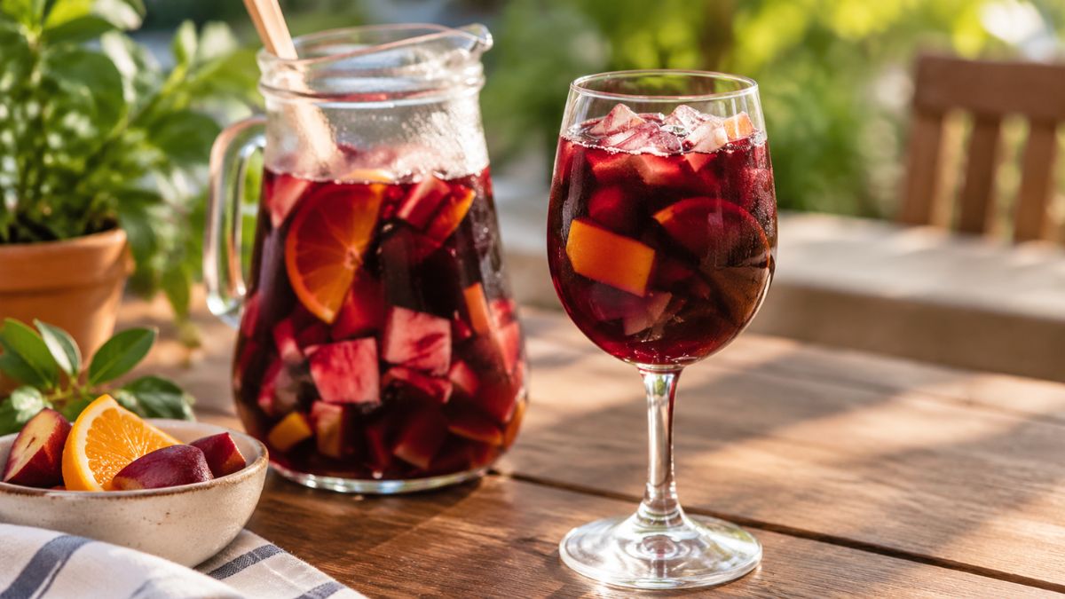 Jarro e taça de sangria de vinho tinto com cubos de gelo e pedaços de fruta numa mesa de madeira ao ar livre.