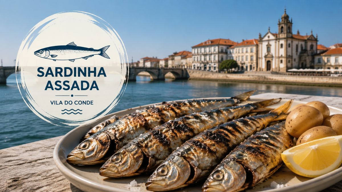 Prato com sardinhas assadas na brasa acompanhadas por batatas cozidas e limão, com o Rio Ave e o centro histórico de Vila do Conde ao fundo.