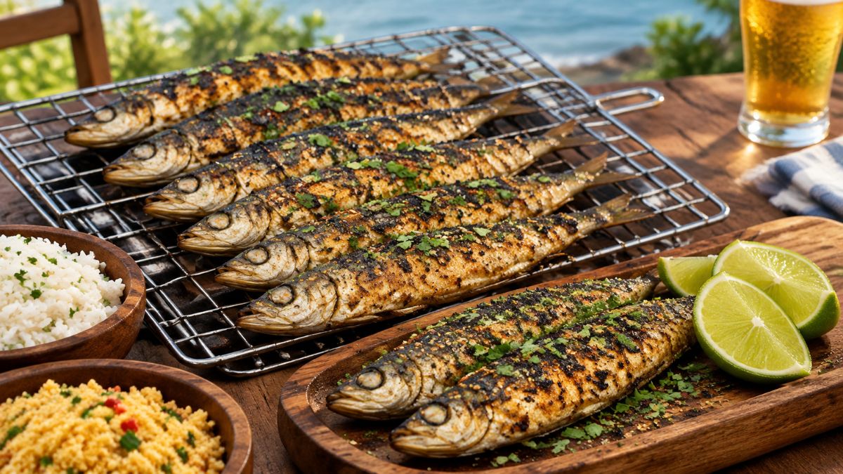 Sardinhas assadas na brasa dispostas numa grelha de metal sobre mesa de madeira, acompanhadas por arroz, farofa e gomos de limão.