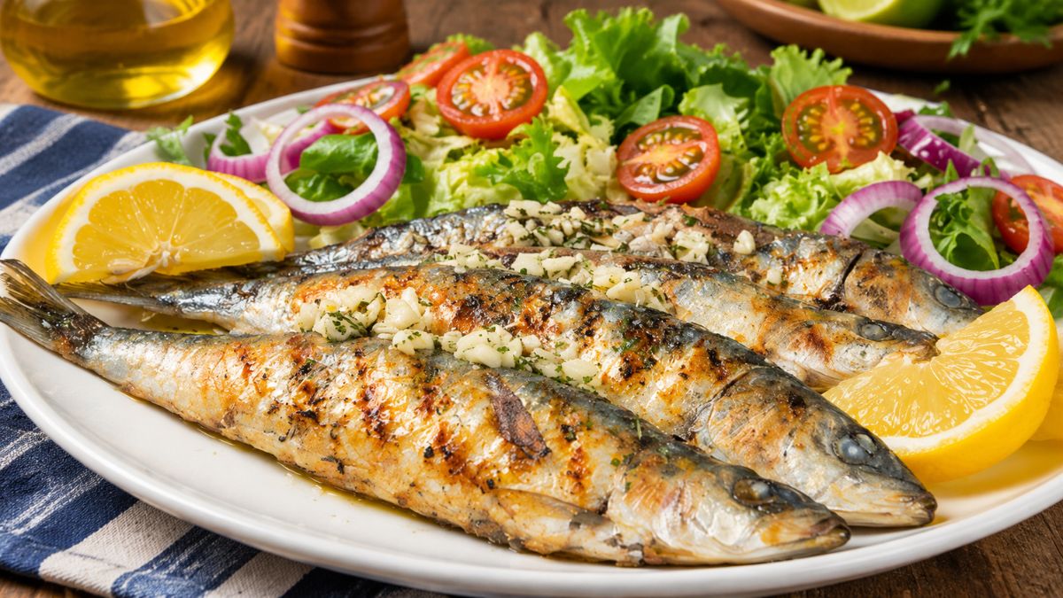 Imagem apetitosa de sardinhas grelhadas dispostas em um prato, acompanhadas de uma salada mista colorida e fatias de limão siciliano.