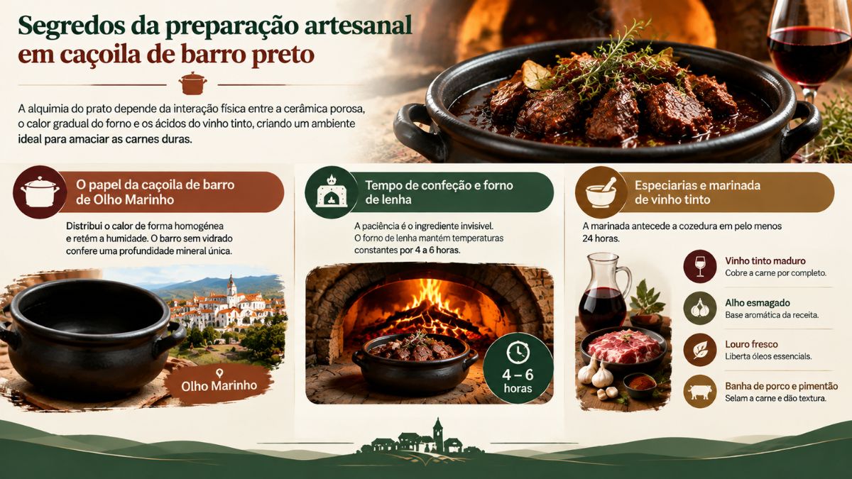 Infográfico com os segredos da preparação artesanal da chanfana em caçoila de barro preto, tempo de forno a lenha e marinada de vinho tinto.