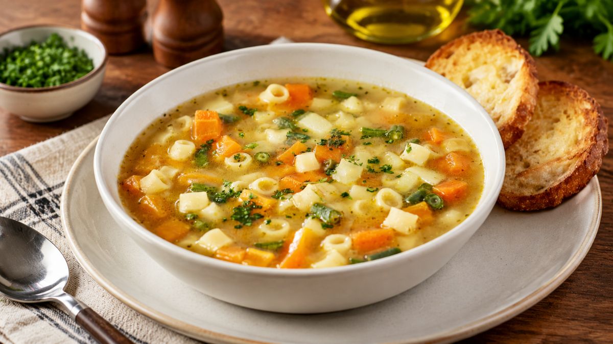 Taça de sopa de legumes cremosa com cenoura, batata, massa e ervas frescas acompanhada por fatias de pão tostado sobre mesa de madeira.
