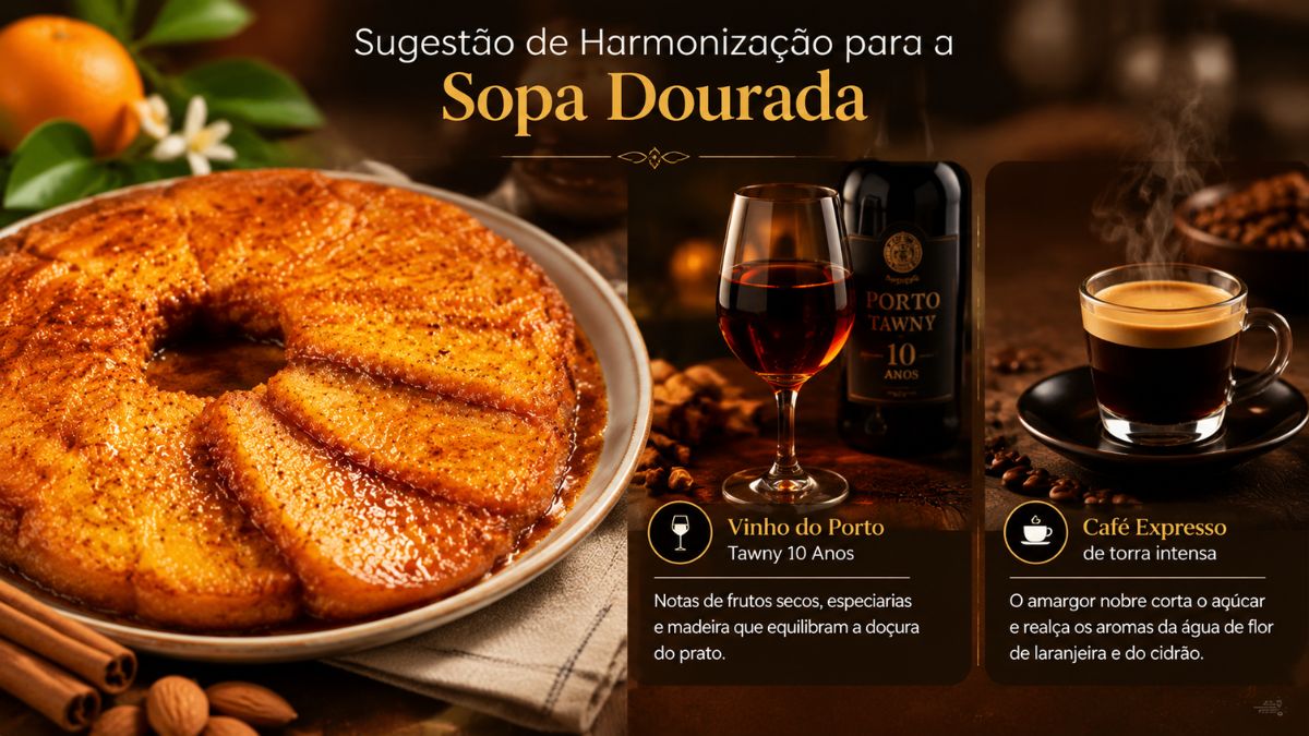 Um infográfico gastronómico sofisticado apresenta a sopa dourada portuguesa tradicional, uma sobremesa rica e caramelizada, e sugere harmonizações. O infográfico mostra a sopa dourada numa travessa à esquerda, com amêndoas, laranjas e canela ao fundo. À direita, duas secções detalham as bebidas. A primeira secção exibe um copo e uma garrafa de vinho do Porto Tawny 10 Anos, com um ícone de copo e texto descritivo. A segunda secção mostra uma chávena de café expresso quente e fumegante sobre grãos de café, com um ícone de chávena e texto explicativo. O fundo é escuro e rústico, evocando o estilo de um restaurante tradicional.