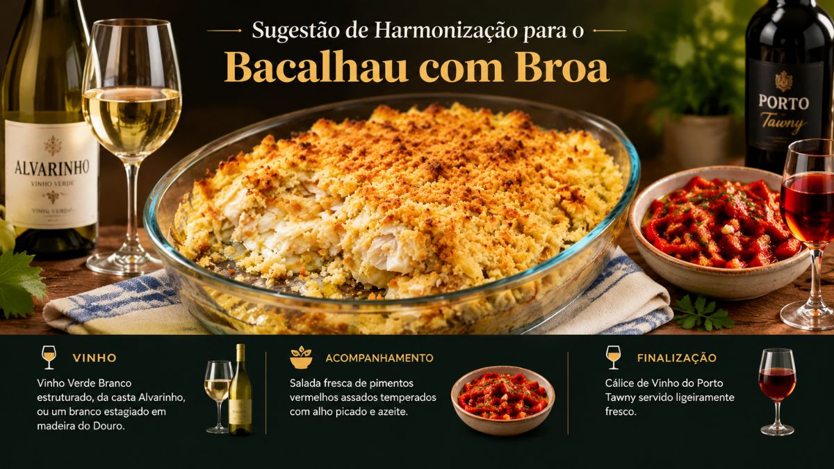 Um guia visual de harmonização culinária para Bacalhau com Broa, apresentando garrafas e taças de Vinho Verde Alvarinho, Vinho Branco do Douro, uma taça de Vinho do Porto Tawny e uma taça de salada de pimentos vermelhos assados, tudo disposto em uma mesa de madeira.