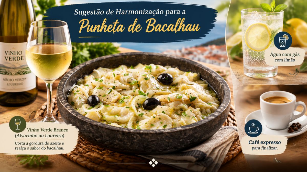 A imagem mostra uma tigela de pedra com punheta de bacalhau tradicional, com cebola, pimentos, salsa e azeitonas pretas. À esquerda, uma garrafa e um copo de Vinho Verde branco. À direita, um copo de água com gás com limão e uma chávena de café expresso. A imagem inclui os textos descritivos originais.