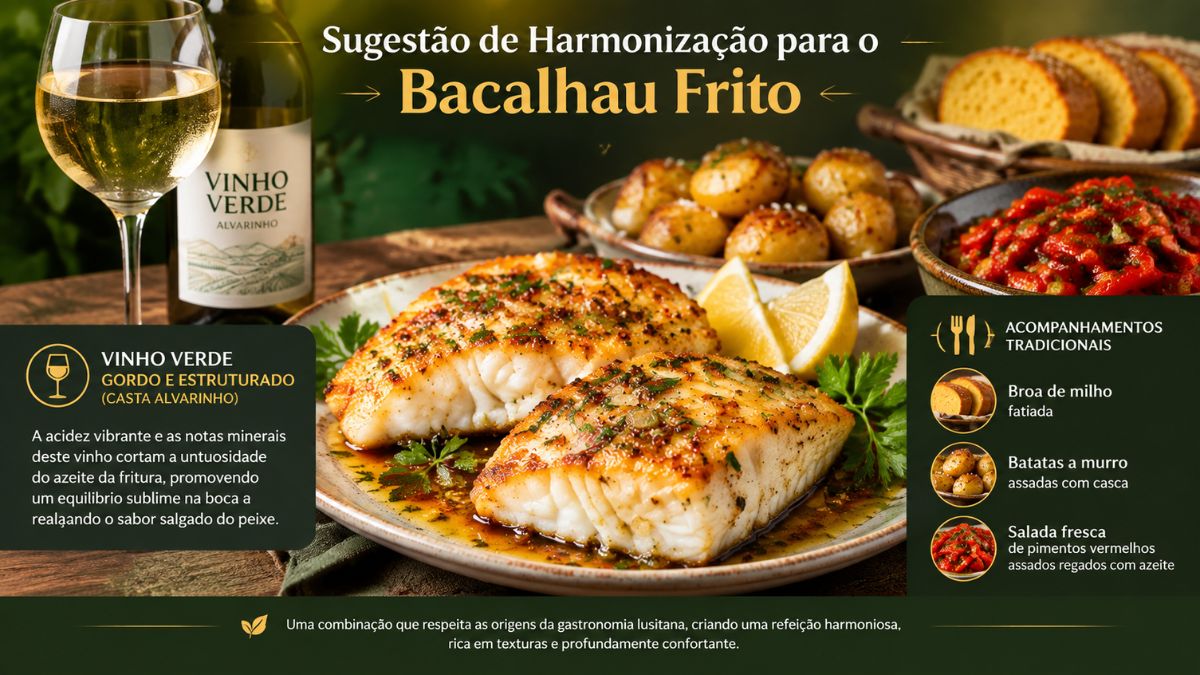 Página de guia gastronómico com a sugestão de harmonização entre um copo e garrafa de vinho verde Alvarinho e um prato de bacalhau frito. A imagem inclui caixas de texto explicativas sobre a casta de vinho e uma lista de acompanhamentos tradicionais como broa de milho, batatas a murro e salada de pimentos vermelhos assados.