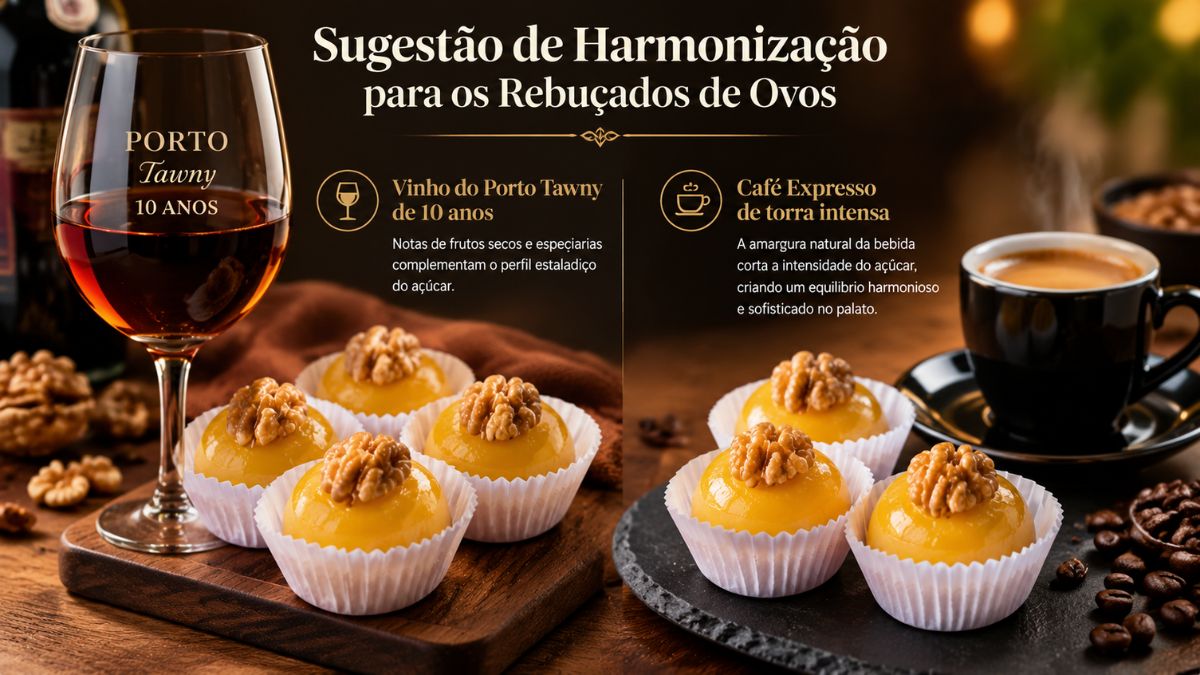 Infografia explicativa mostrando harmonização de rebuçados de ovos com taça de vinho do Porto Tawny e chávena de café expresso.