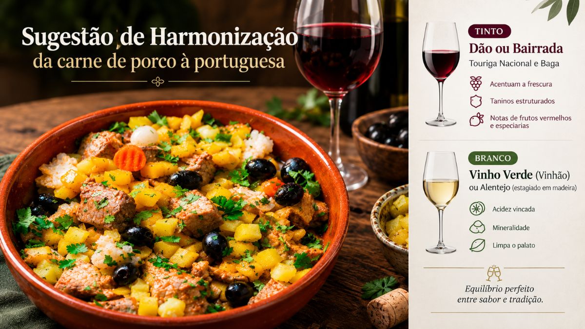 Infográfico com prato de carne de porco à portuguesa e recomendações de vinhos tintos do Dão ou Bairrada e vinhos brancos.