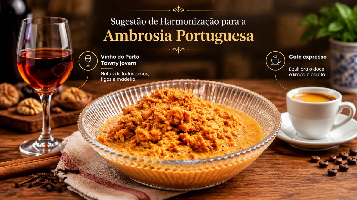 Mesa de madeira com uma taça de ambrosia portuguesa acompanhada por um copo de Vinho do Porto Tawny e uma xícara de café expresso.