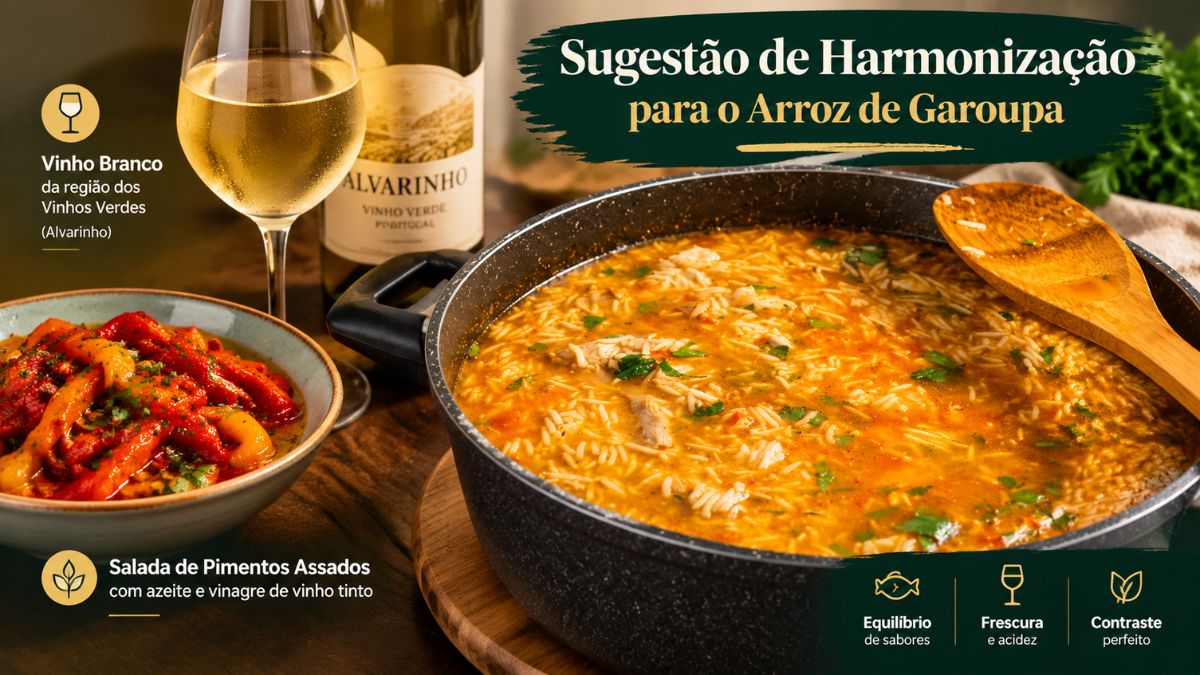 Mesa posta com tacho de arroz de garoupa, garrafa de vinho branco Alvarinho, copo e salada de pimentos assados.