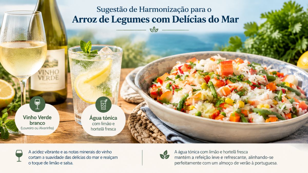 Infografia de harmonização para arroz de legumes com delícias do mar, destacando um copo de vinho verde branco e um copo de água tónica refrescante.