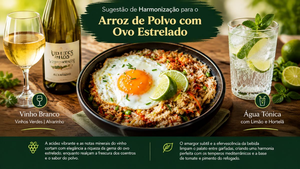 Infográfico com sugestão de harmonização de vinho branco Alvarinho e água tónica com limão e hortelã para arroz de polvo com ovo estrelado.
