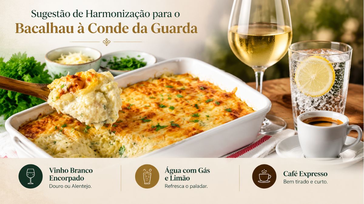 Infografia com sugestão de harmonização para Bacalhau à Conde da Guarda mostrando um prato gratinado com vinho branco, água com gás e café.