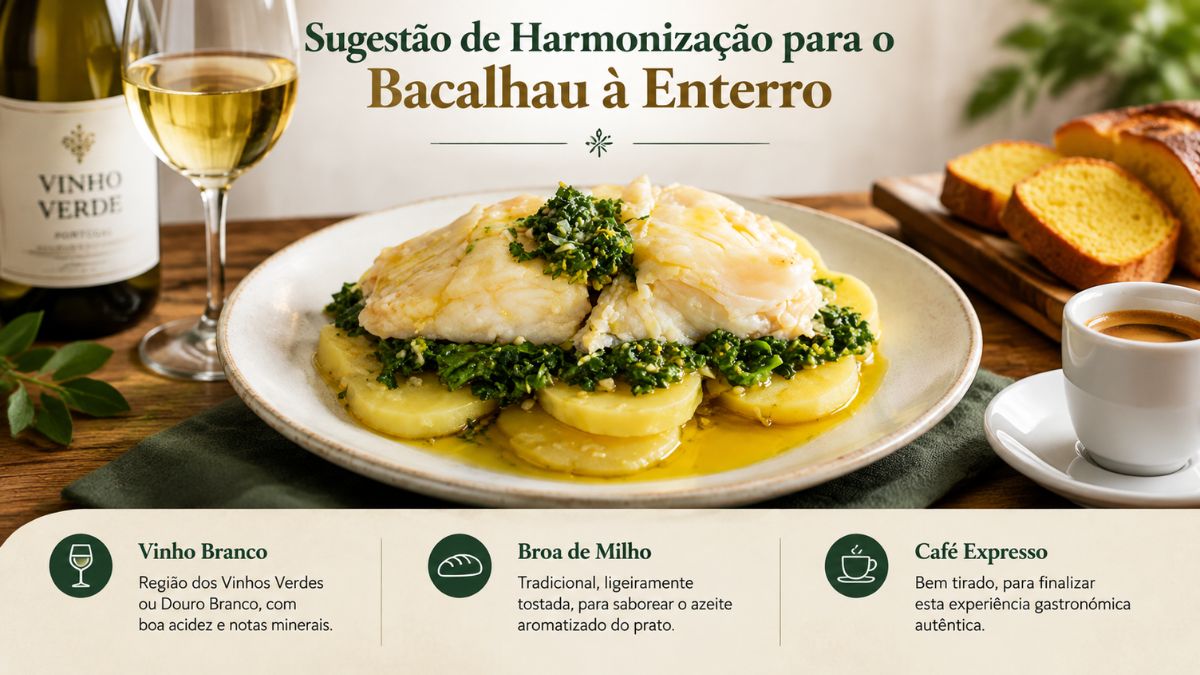 Infográfico gastronómico de harmonização para Bacalhau à Enterro exibindo prato com bacalhau, batatas e nabiças ao centro, acompanhado por copo e garrafa de Vinho Verde, fatias de broa de milho e xícara de café expresso.