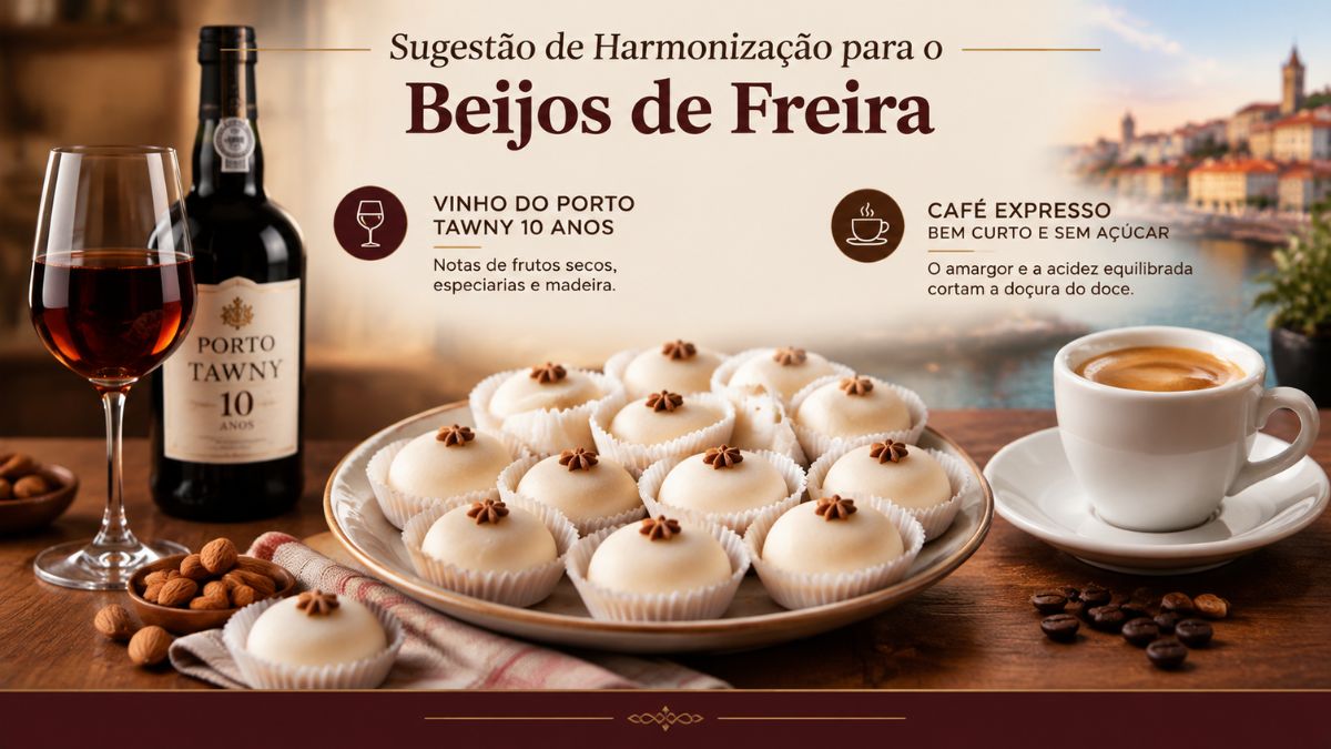 Infográfico com sugestões de harmonização para o doce Beijos de Freira com Vinho do Porto Tawny 10 Anos e café expresso.