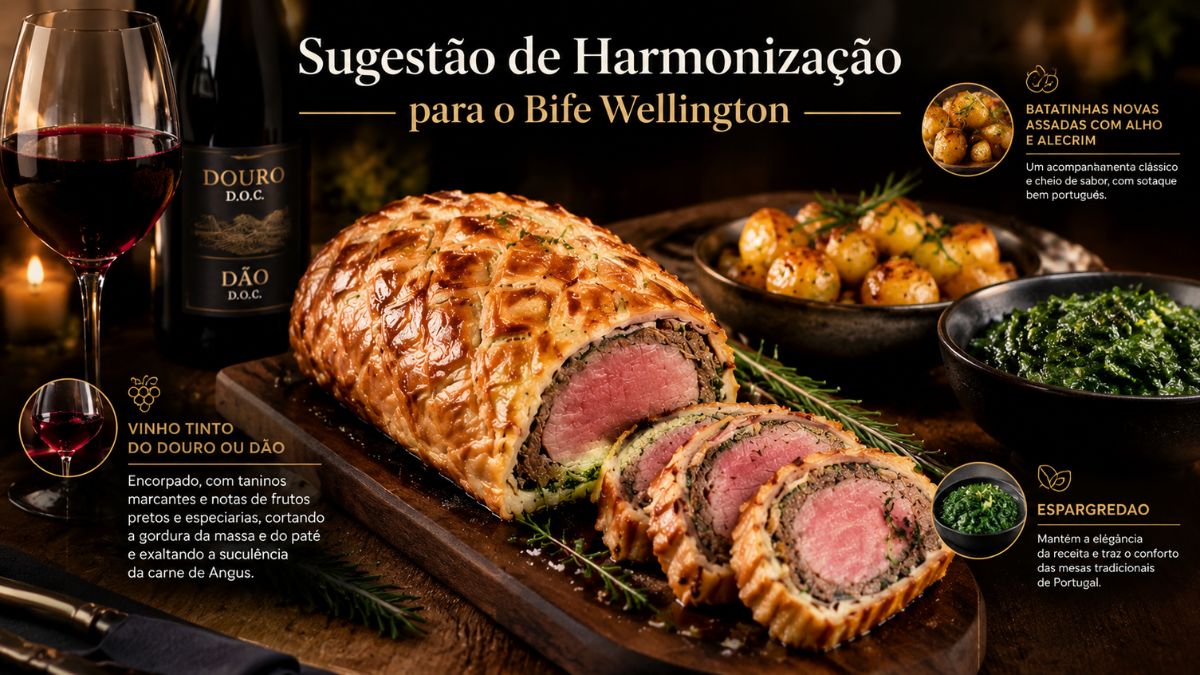 Bife Wellington fatiado numa tábua de madeira ladeado por vinho tinto do Douro ou Dão, batatinhas novas assadas com alho e alecrim e esparregado de espinafres, com texto explicativo de harmonização.