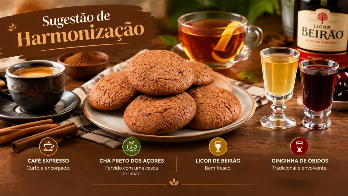 Prato com bolachas de canela no centro cercado por café expresso, chá preto dos Açores, licor de Beirão e ginginha de Óbidos.
