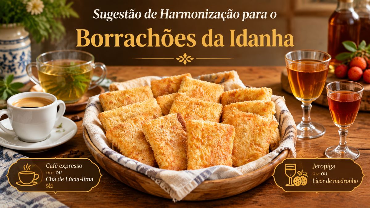 Um tabuleiro de cerâmica cheio de biscoitos retangulares dourados, chamados Borrachões da Idanha, polvilhados com açúcar. Acompanhando o tabuleiro, há quatro opções de bebidas: uma chávena de café expresso, uma chávena de chá de Lúcia-lima com uma rodela de limão, um cálice com jeropiga e um cálice mais pequeno com licor de medronho. O fundo apresenta um jarro de cerâmica, garrafas de licor e medronhos frescos sobre uma mesa de madeira rústica, com um letreiro no topo que diz: "Sugestão de Harmonização para o Borrachões da Idanha".