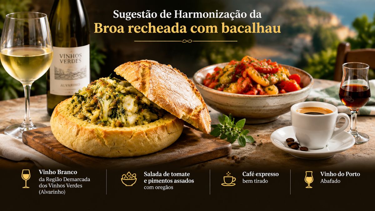 Mesa posta com broa de milho recheada com bacalhau, acompanhada por uma garrafa de vinho branco Alvarinho, salada de tomate com pimentos assados, chávena de café expresso e um cálice de vinho do Porto Abafado.