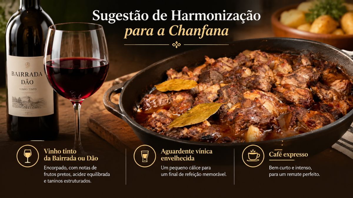 Infográfico com sugestão de harmonização para chanfana tradicional portuguesa incluindo vinho tinto da Bairrada ou Dão, aguardente vínica envelhecida e café expresso.