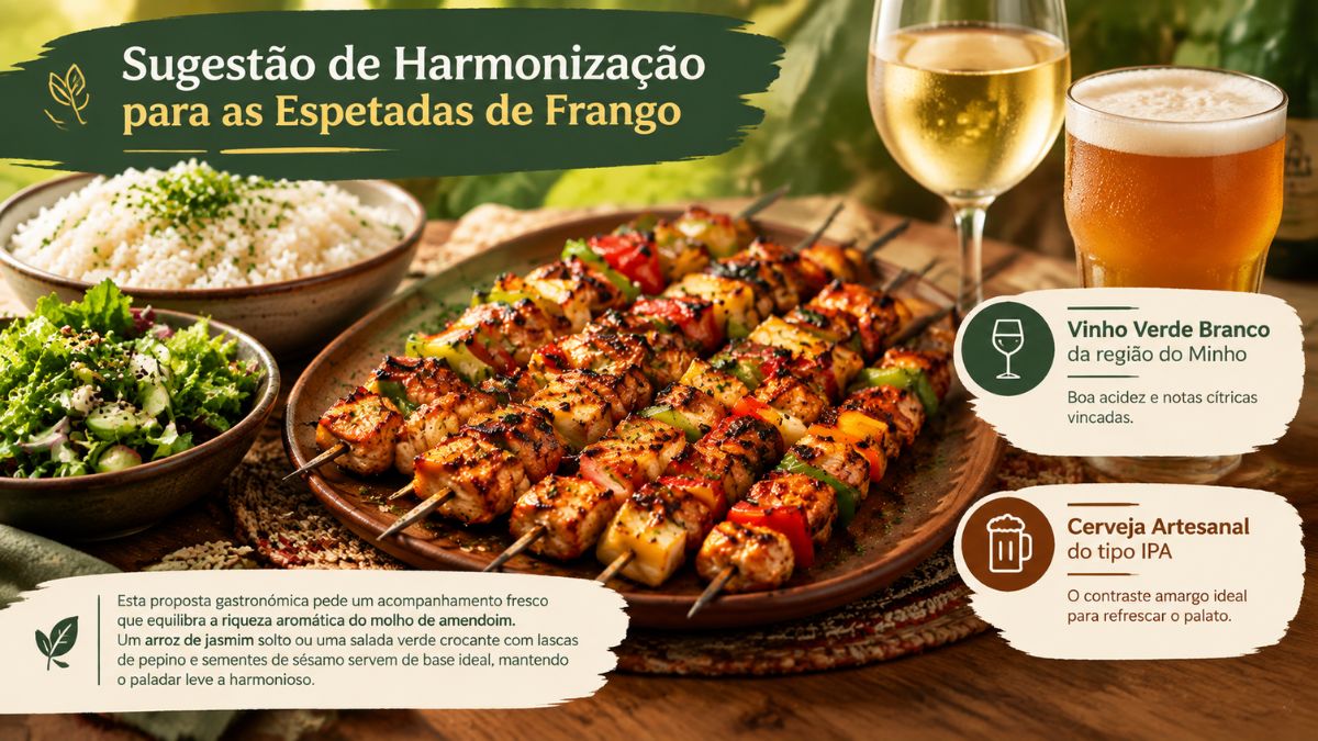 Infográfico com sugestão de harmonização para espetadas de frango grelhadas mostrando acompanhamentos como arroz e salada ao lado de copo de vinho verde e cerveja IPA.
