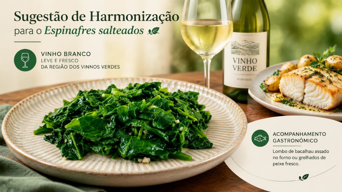 Imagem informativa sobre a harmonização de espinafres salteados. Um prato com espinafres salteados em destaque em primeiro plano, acompanhado por um copo e uma garrafa de vinho verde português ao fundo, além de um prato com lombo de bacalhau assado. A imagem inclui textos explicativos sobre a combinação perfeita com vinho branco leve da região dos vinhos verdes e peixe grelhado.