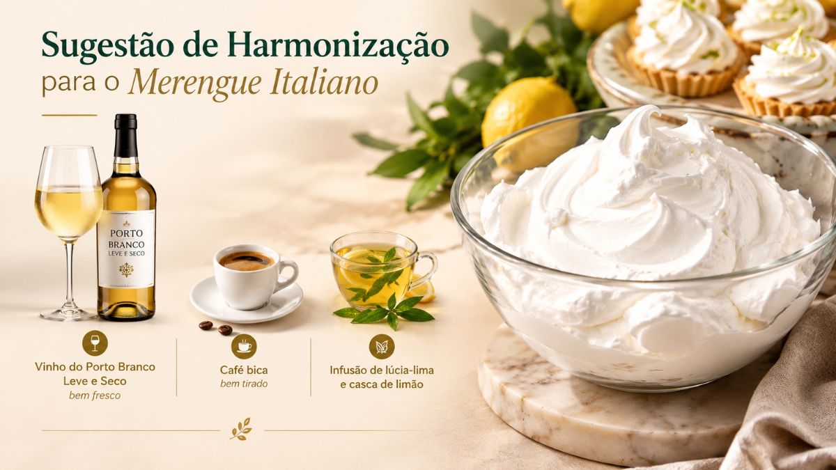 Infográfico com sugestão de harmonização para merengue italiano apresentando garrafa de Vinho do Porto Branco, chá de lúcia-lima e café espresso.