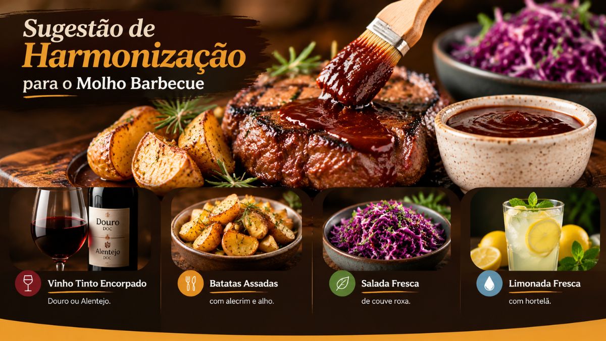 Infográfico gastronómico com sugestões de harmonização para molho barbecue incluindo carne grelhada, vinho tinto encorpado, batatas assadas, salada e limonada.