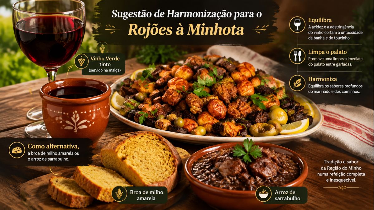 Guia de harmonização de rojões à minhota com vinho verde tinto em malga, broa de milho amarela e arroz de sarrabulho.