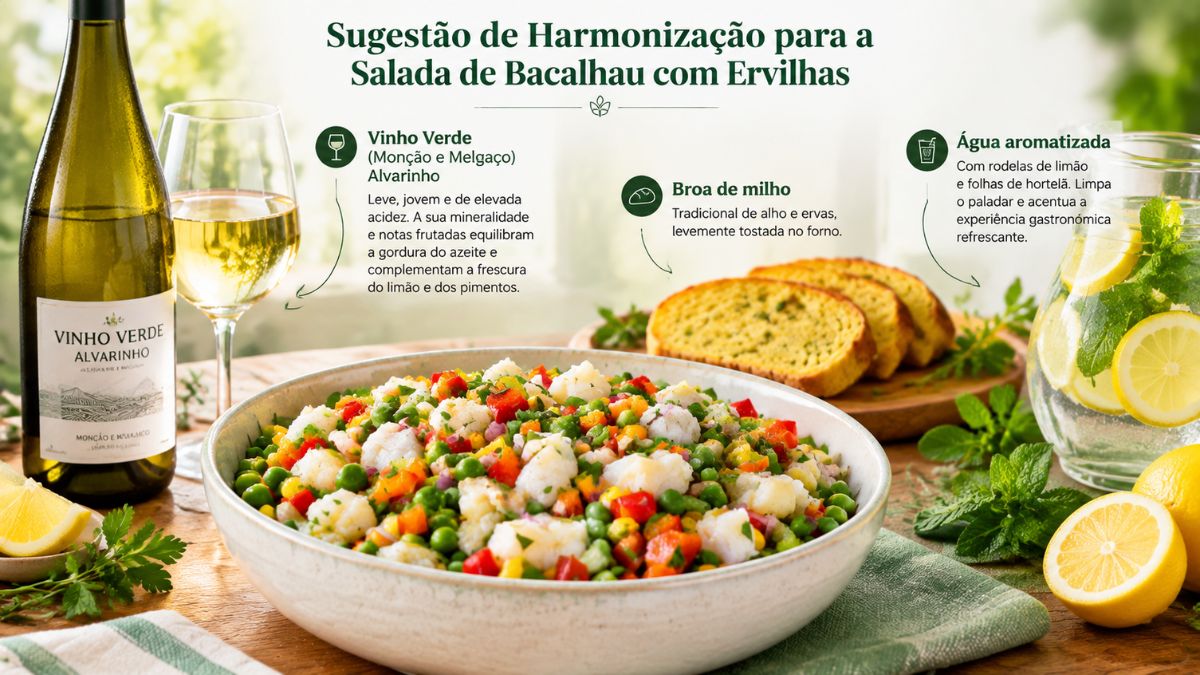 Uma infográfico com uma taça de salada de bacalhau e ervilhas ao centro rodeada por sugestões de harmonização. À esquerda, uma garrafa de Vinho Verde Alvarinho da região de Monção e Melgaço e uma taça de vinho branco. Ao centro, fatias de broa de milho tostadas com alho e ervas. À direita, um copo de água aromatizada com limão e hortelã. O título superior diz: Sugestão de Harmonização para a Salada de Bacalhau com Ervilhas. Pequenos textos descritivos e ícones explicam cada combinação.