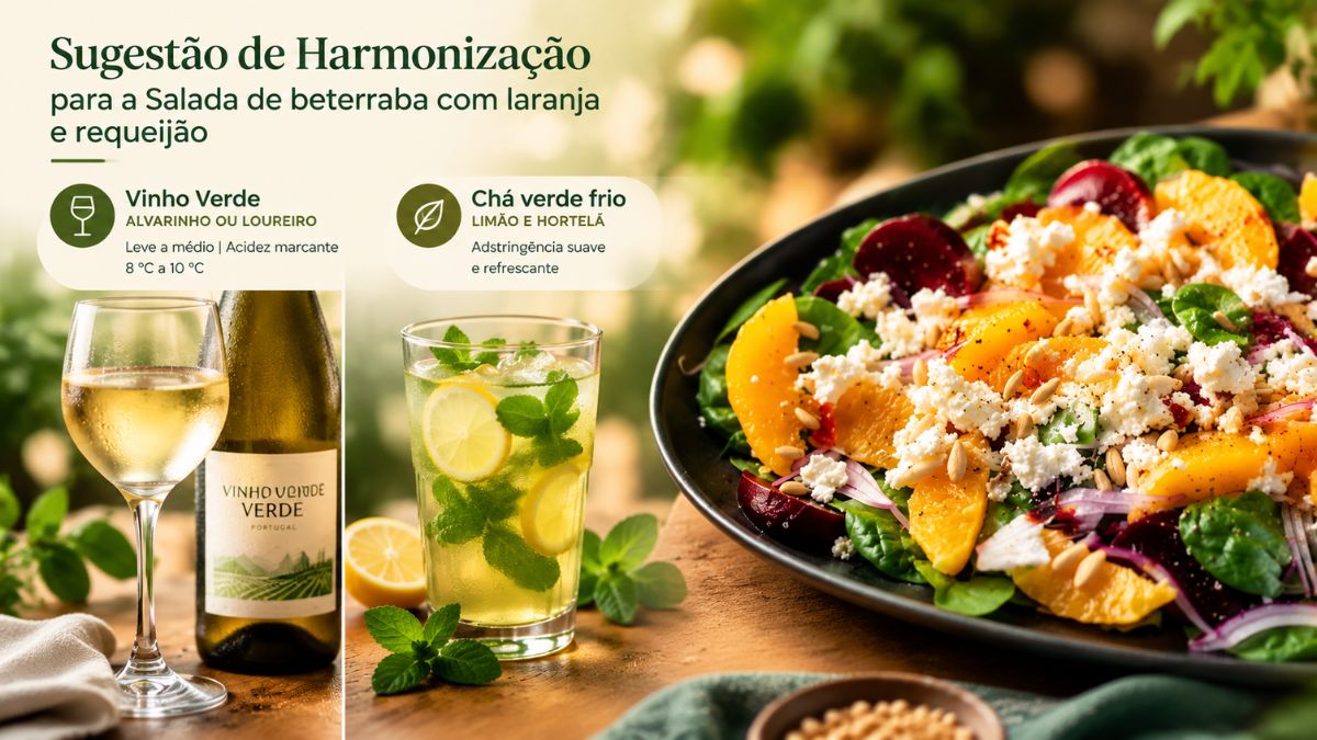 Infográfico explicativo com sugestão de harmonização de bebidas para a salada de beterraba com laranja e requeijão, destacando uma garrafa e um copo de Vinho Verde Alvarinho ou Loureiro e um copo de chá verde frio com limão e hortelã ao lado do prato.