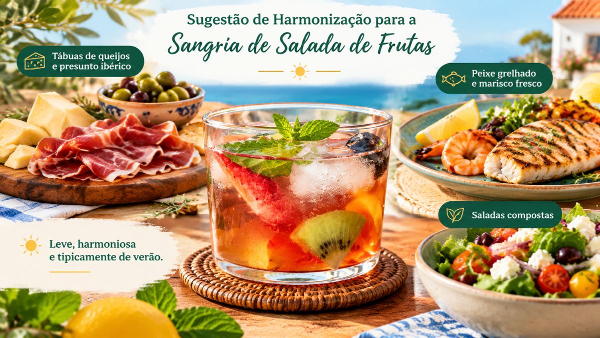 Infográfico com sugestões de harmonização para sangria de salada de frutas mostrando tábua de queijos presunto ibérico peixe grelhado marisco e saladas compostas.